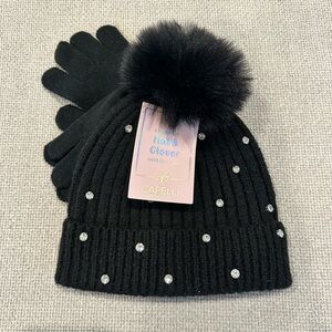 NWT! Toddler Little Girls Black Rhinestone Faux Fur Pom Beanie Gloves Set